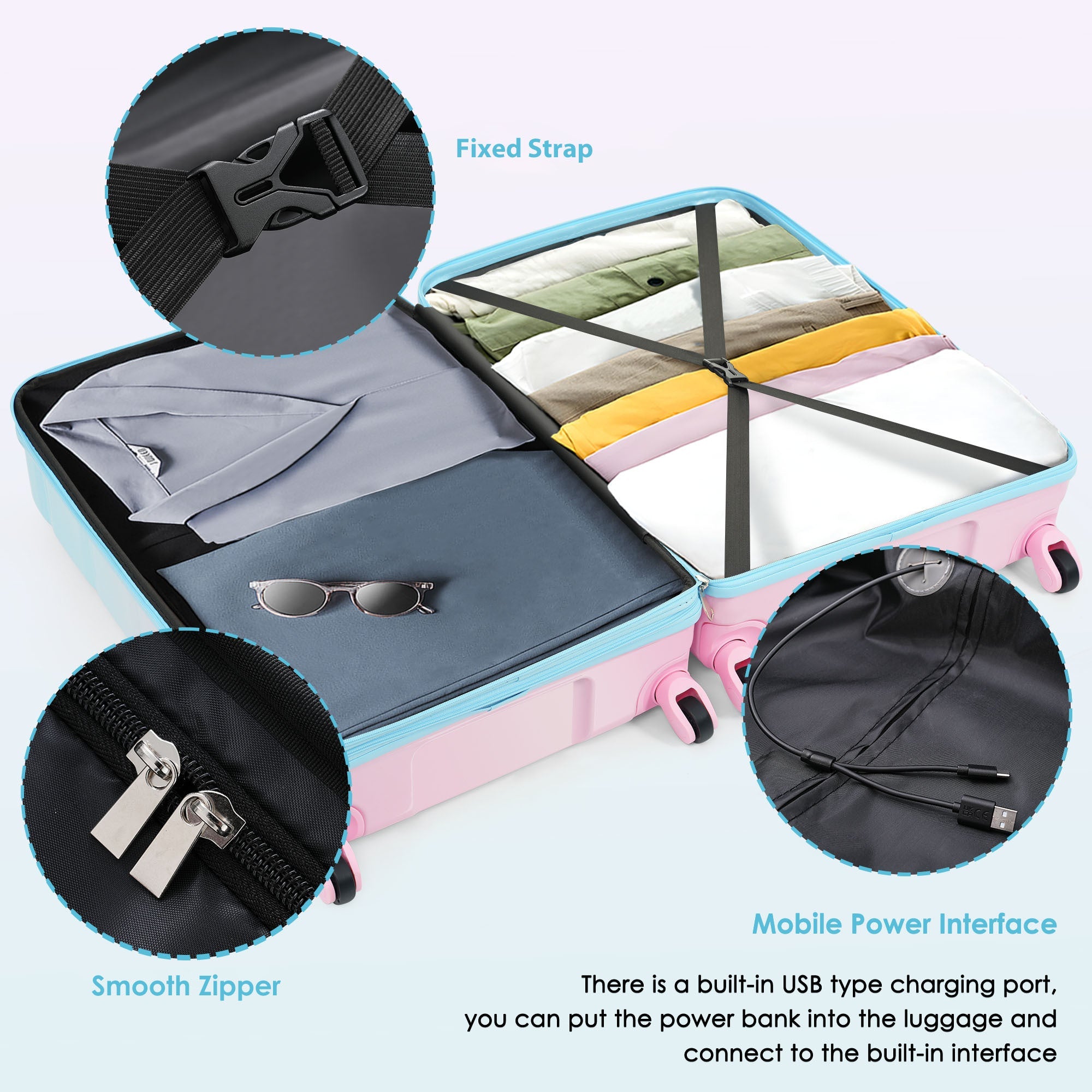 Azor 3-Piece USB Carry-On Set, Smart Travel ABS+PC, TSA Lock