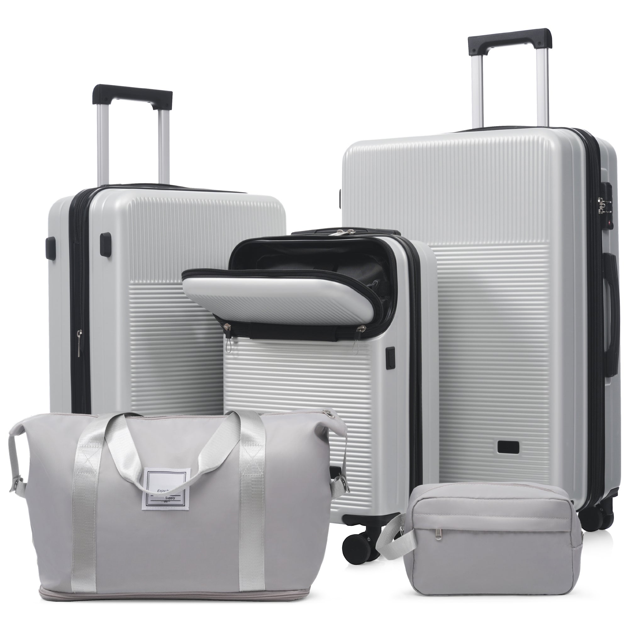Azor Silver 5-Piece Luggage Set, Complete Travel System, TSA Lock