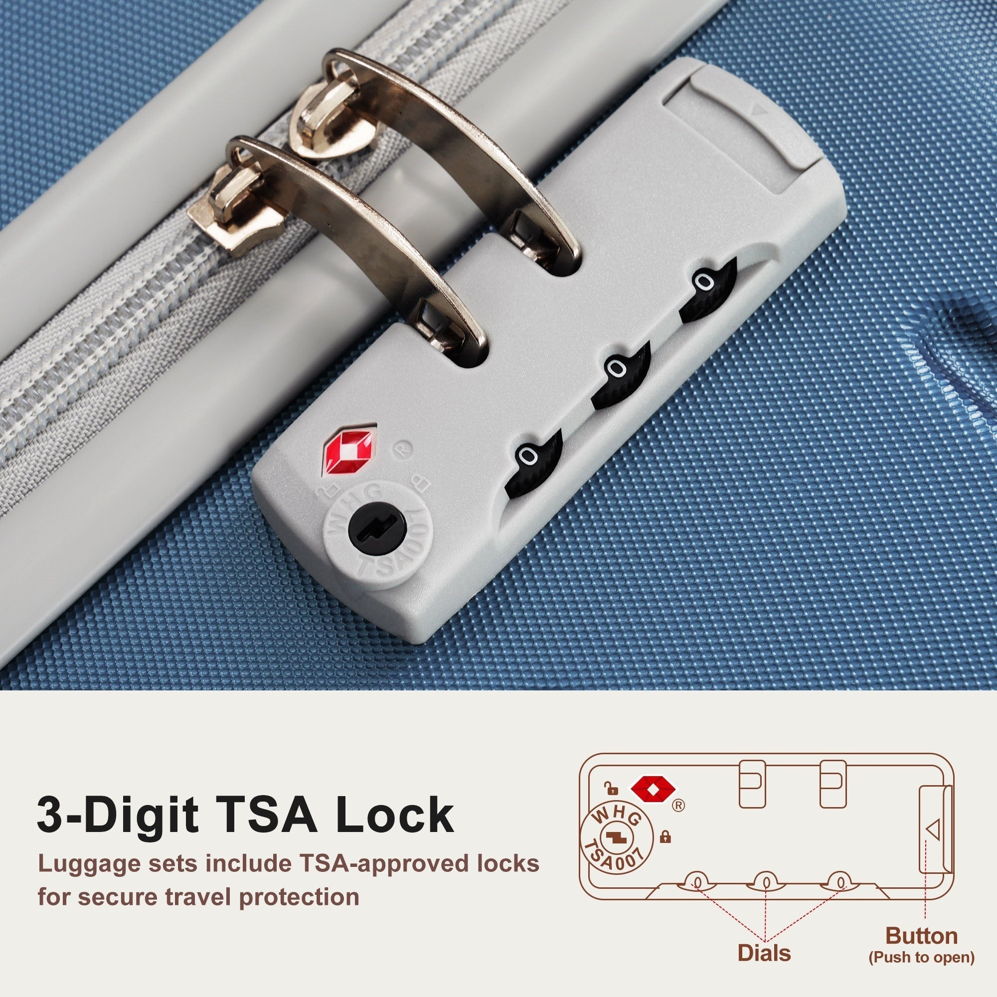 Azor Blue PC Luggage Set, Lightweight Travel Trio, TSA Lock