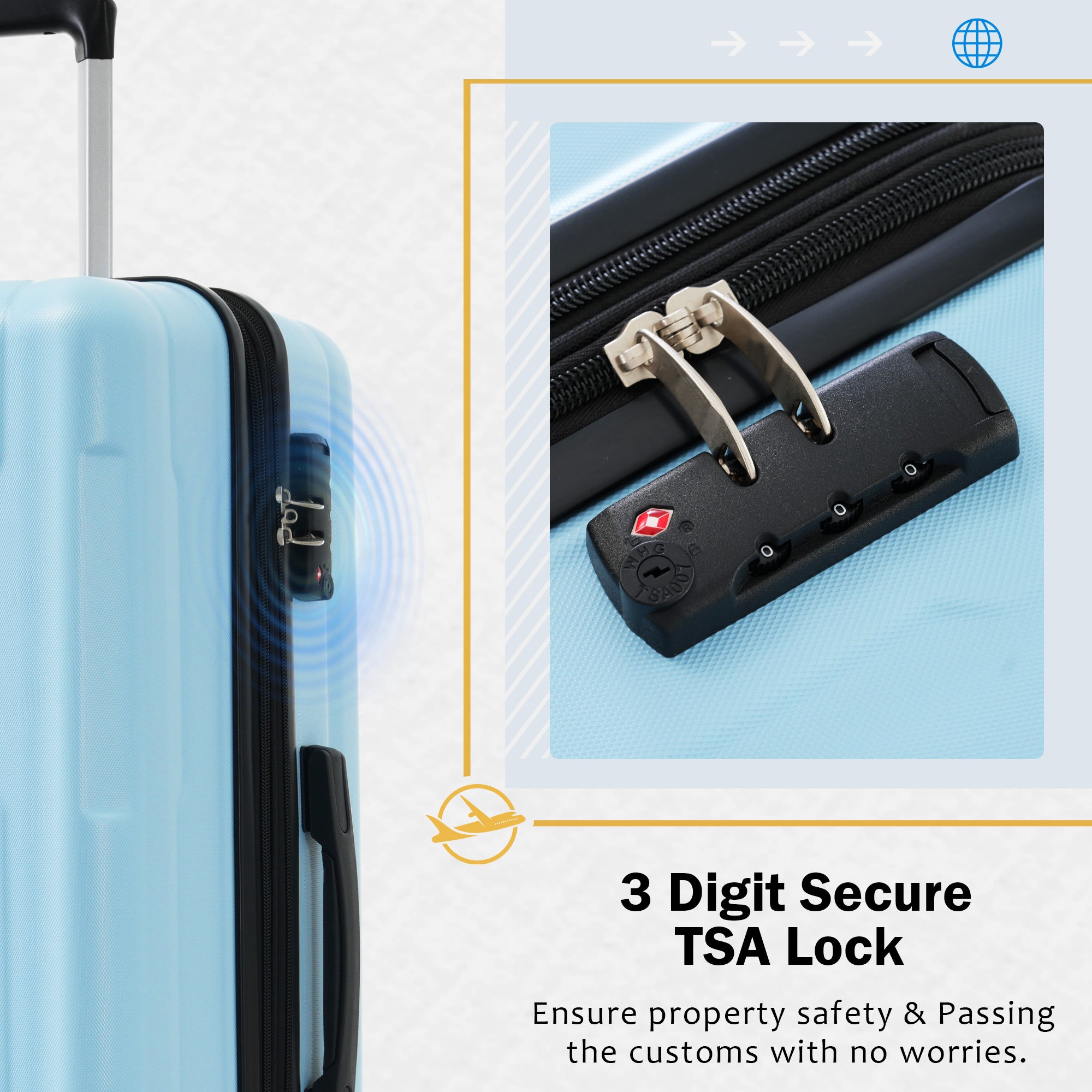 Azor Light Blue ABS Luggage Set, Travel in Colour, TSA Lock