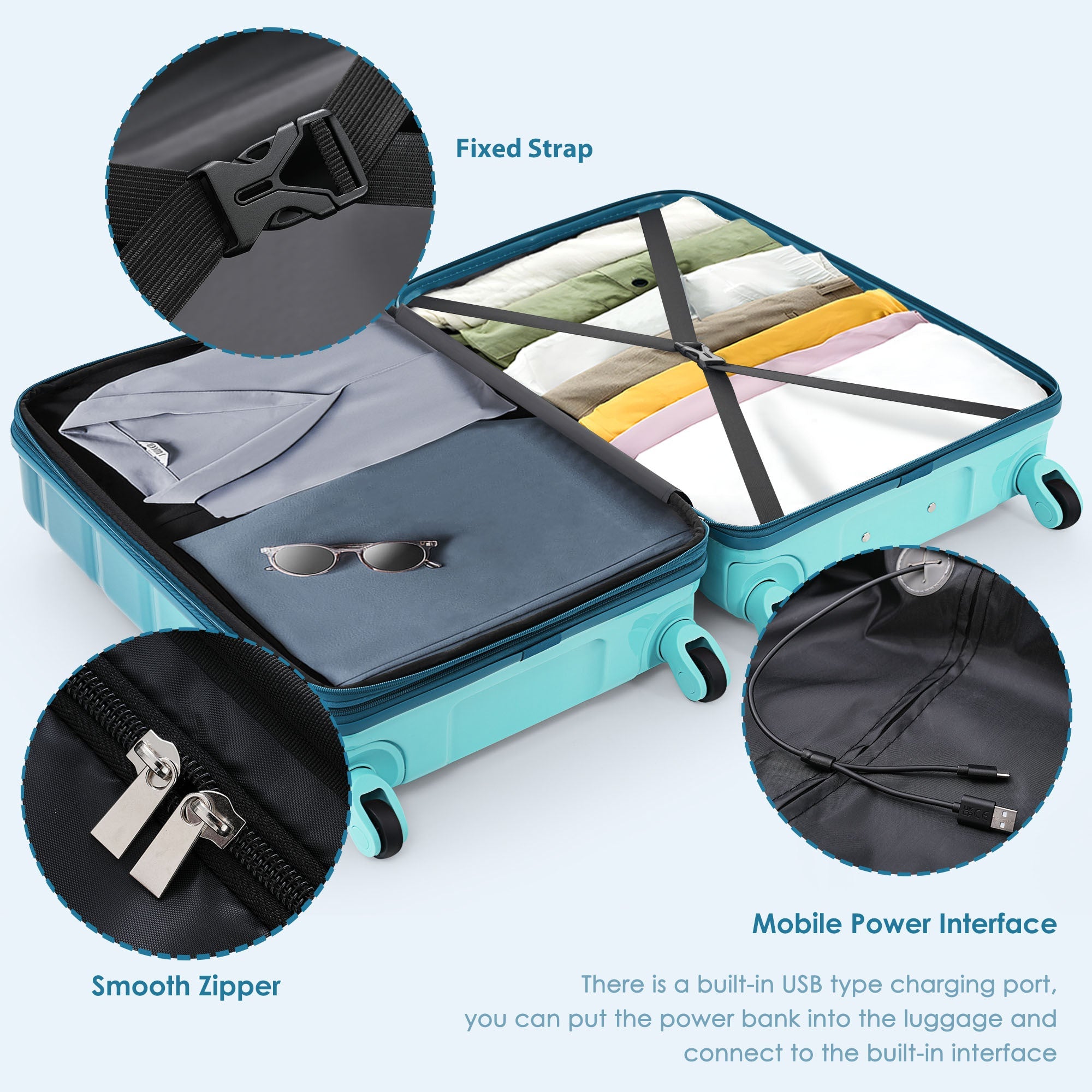 Azor 3-Piece USB Carry-On Set, Smart Travel ABS+PC, TSA Lock