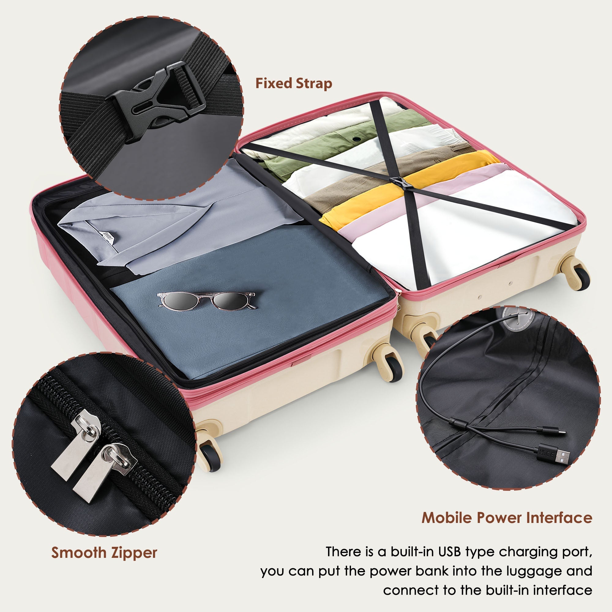 Azor 3-Piece USB Carry-On Set, Smart Travel ABS+PC, TSA Lock