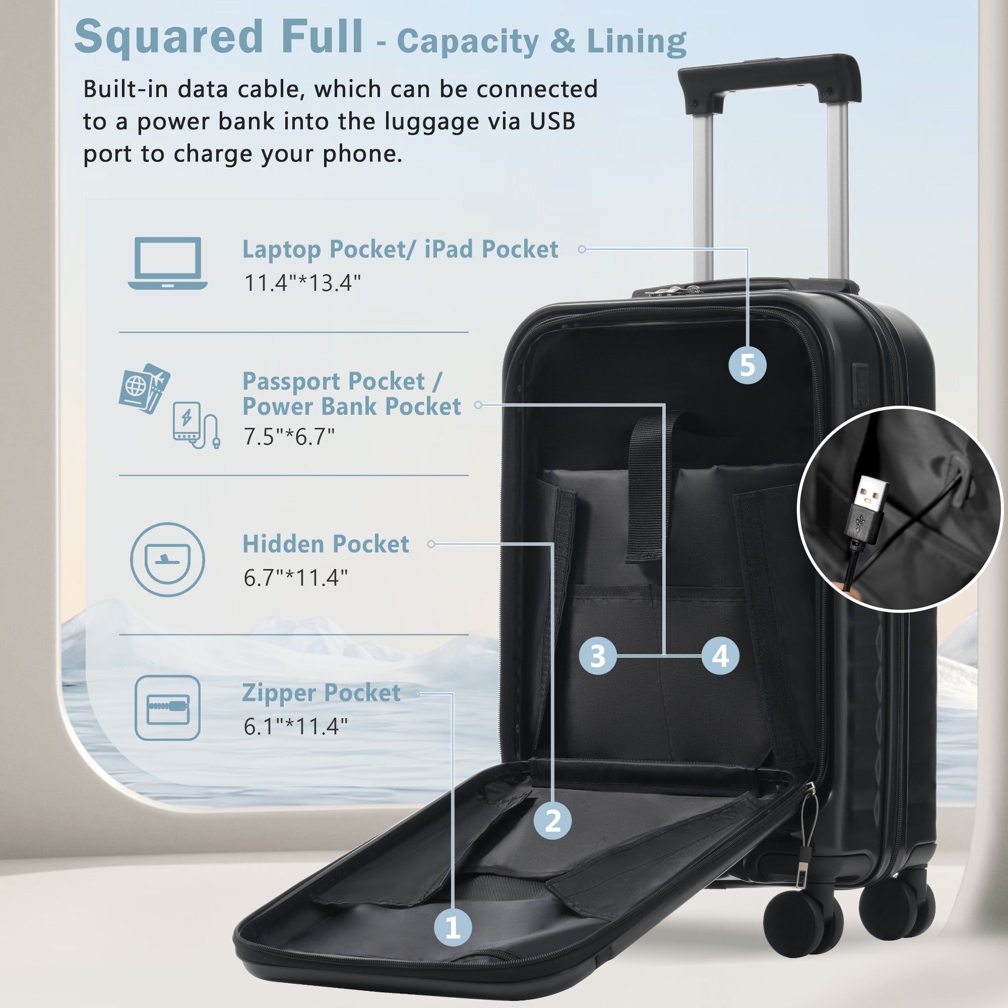 Azor 3-Piece Expandable Carry-On Set, Front Pocket, TSA Lock