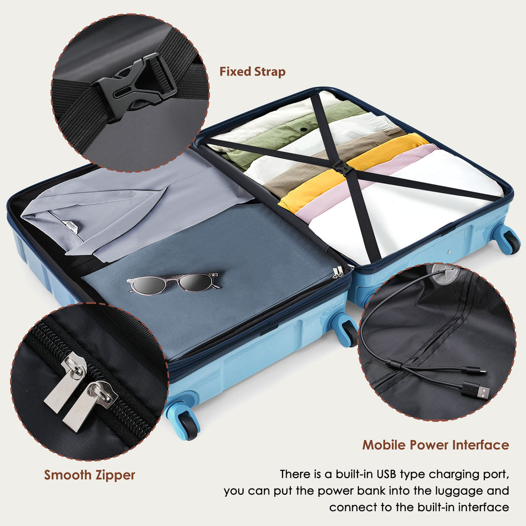 Azor 3-Piece USB Carry-On Set, Smart Travel ABS+PC, TSA Lock