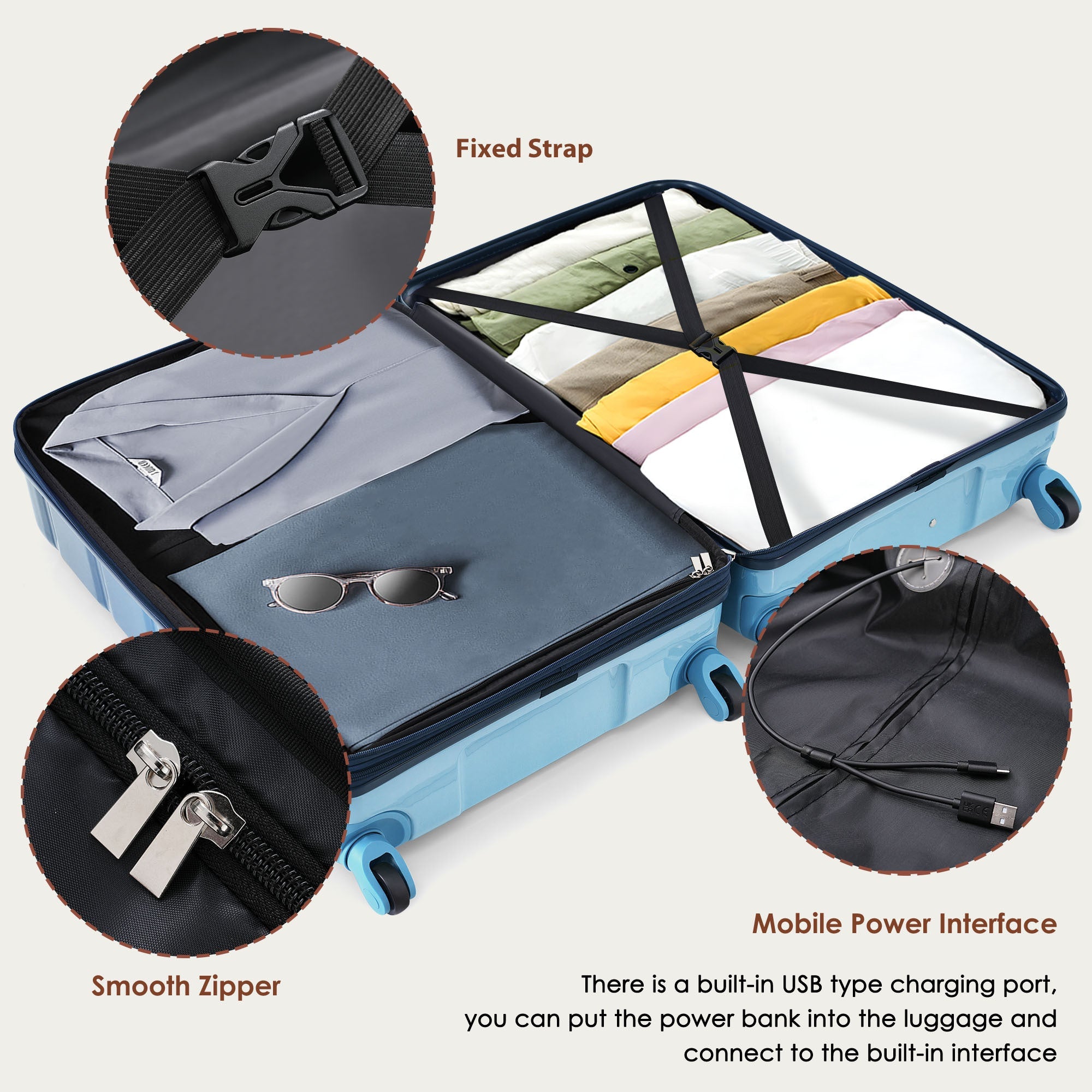 Azor 3-Piece USB Carry-On Set, Smart Travel ABS+PC, TSA Lock