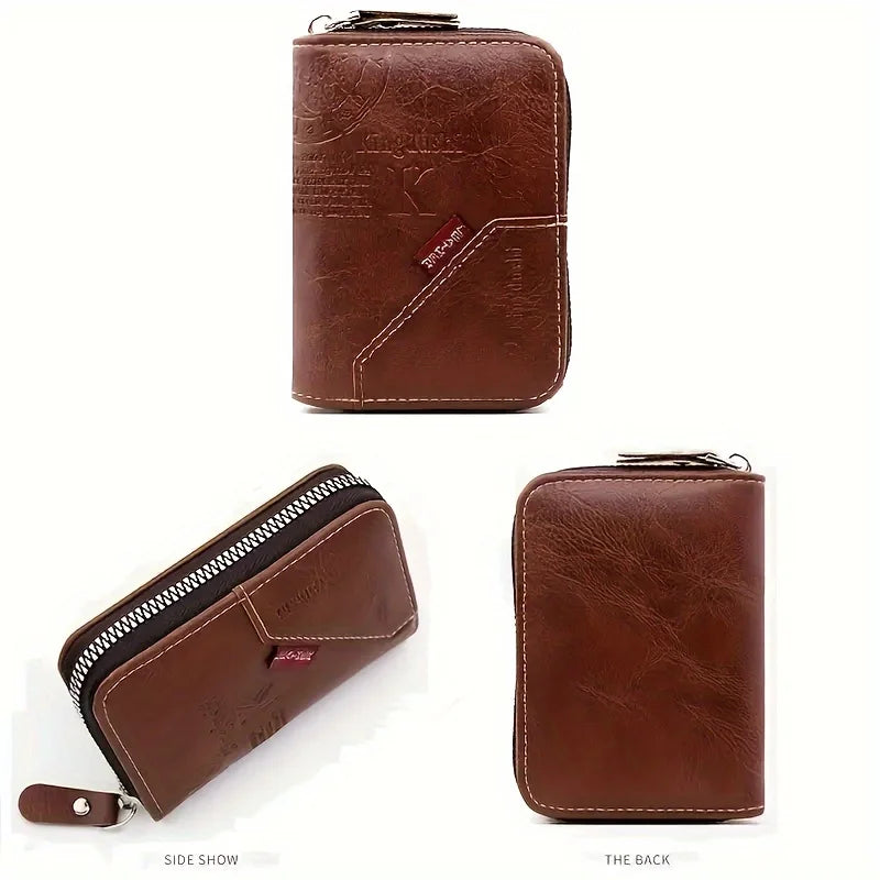 Azor Vintage PU Leather Slim Wallet — Zipper RFID Blocking