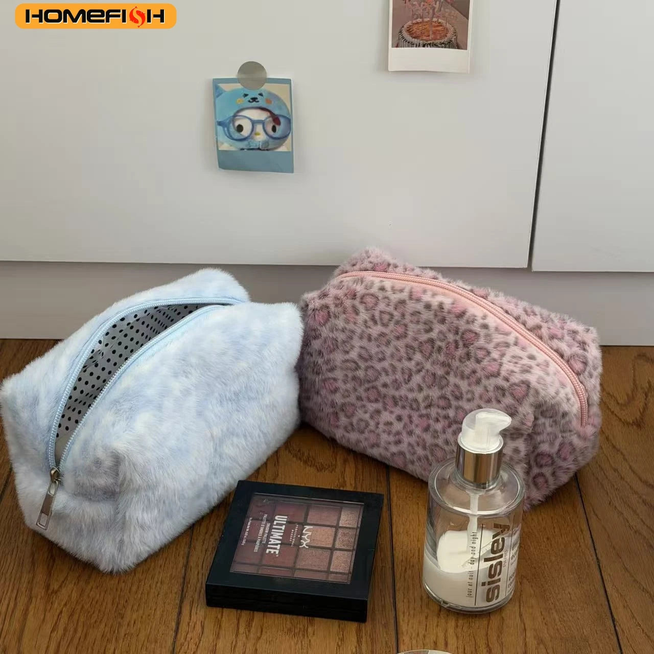Azor Durable Fuzzy Makeup Bag Large Capacity Leopard Print