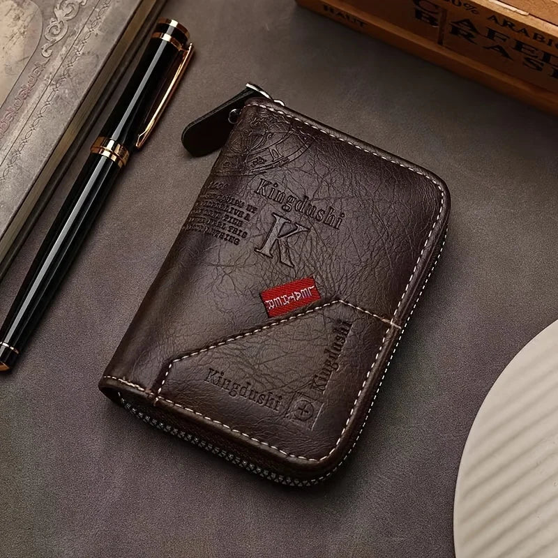 Azor Vintage PU Leather Slim Wallet — Zipper RFID Blocking
