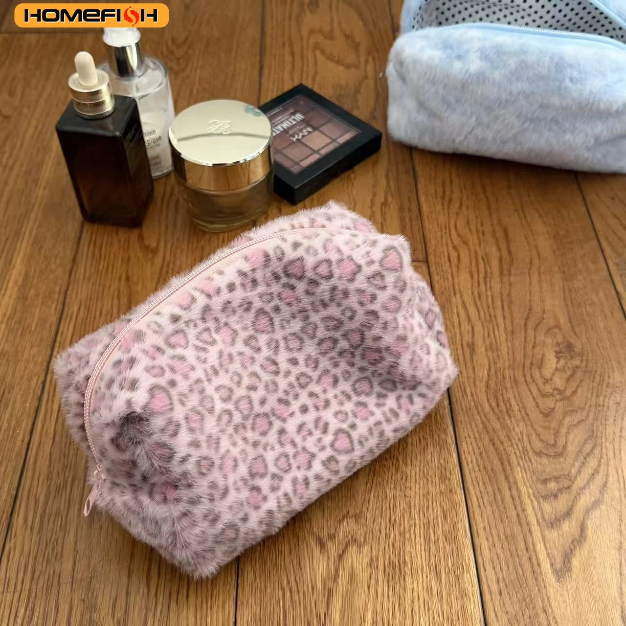 Azor Durable Fuzzy Makeup Bag Large Capacity Leopard Print