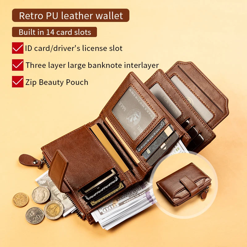 Azor Men's Wallet New Leather Short Vintage Multi-card PU