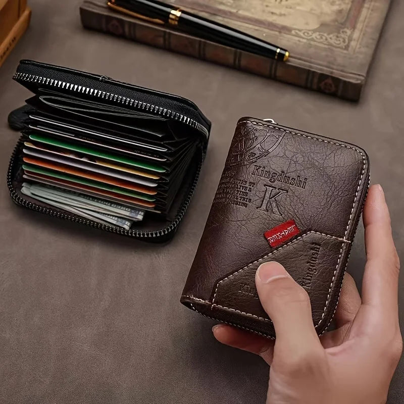 Azor Vintage PU Leather Slim Wallet — Zipper RFID Blocking