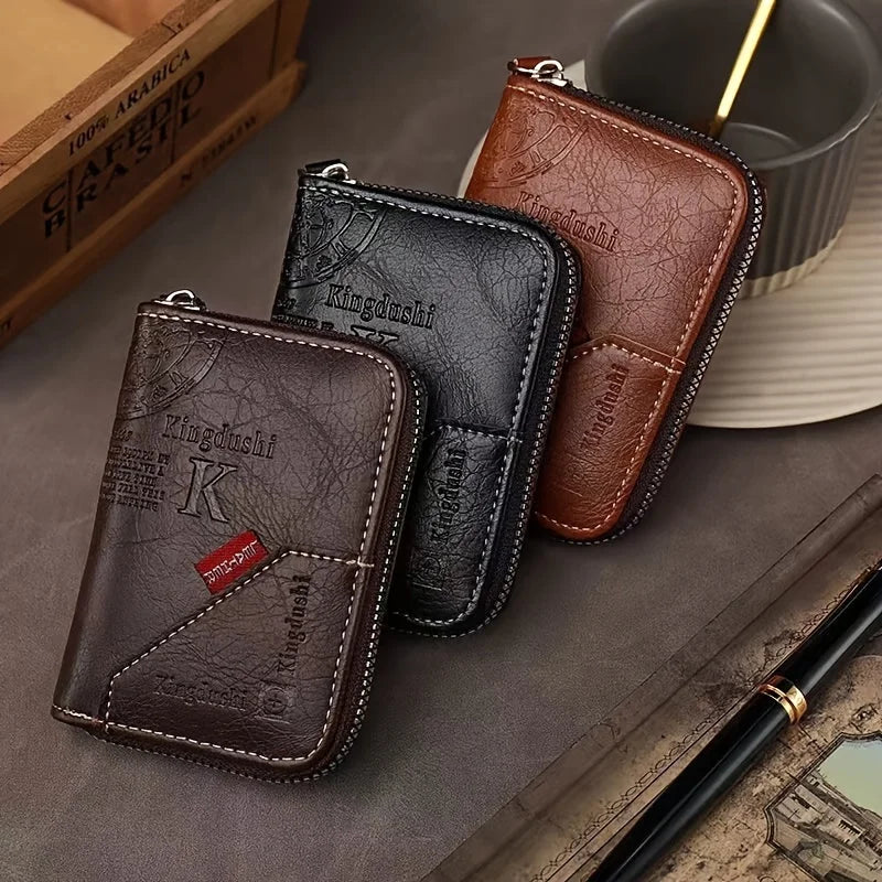 Azor Vintage PU Leather Slim Wallet — Zipper RFID Blocking