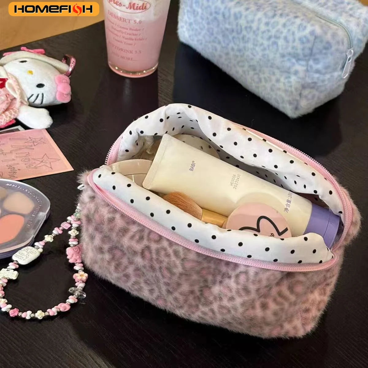 Azor Durable Fuzzy Makeup Bag Large Capacity Leopard Print