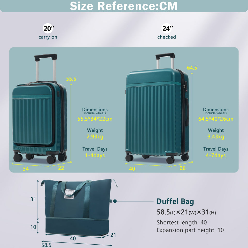 Azor 3-Piece Expandable Carry-On Set, Front Pocket, TSA Lock