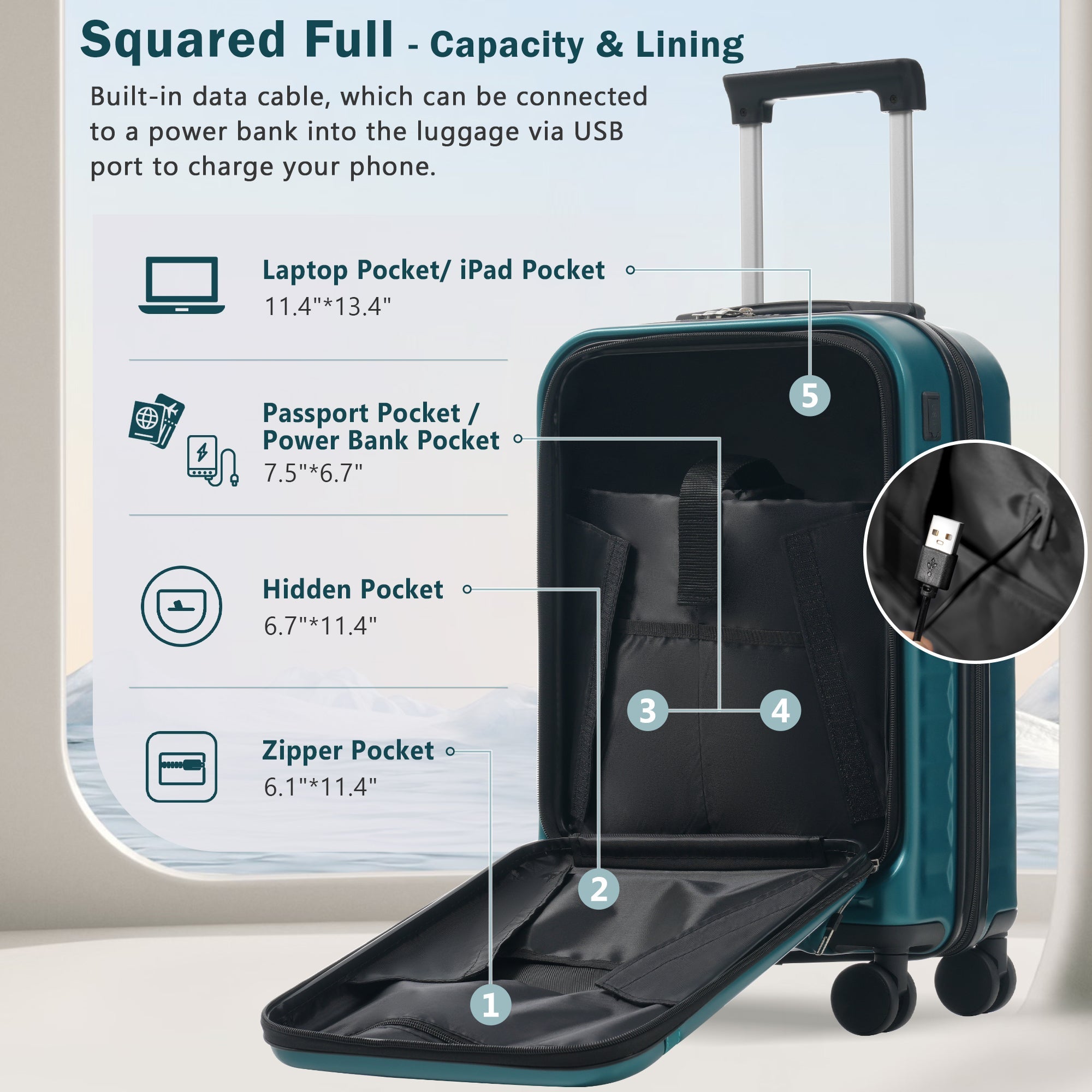 Azor 3-Piece Expandable Carry-On Set, Front Pocket, TSA Lock