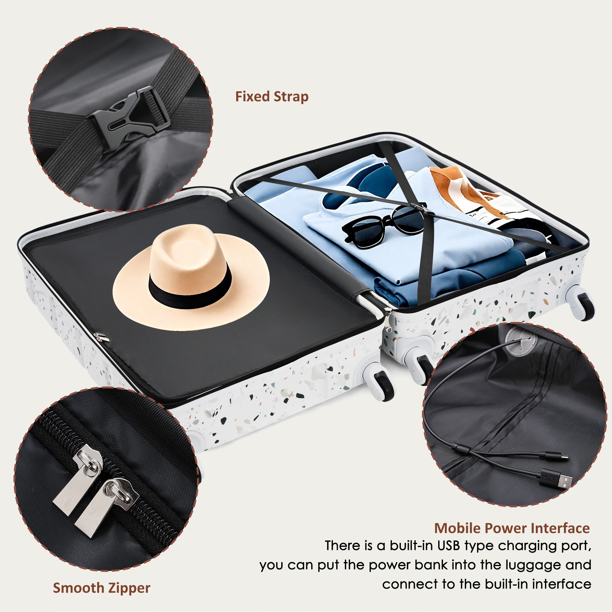 Azor 3-Piece USB Carry-On Set, Smart Travel ABS+PC, TSA Lock