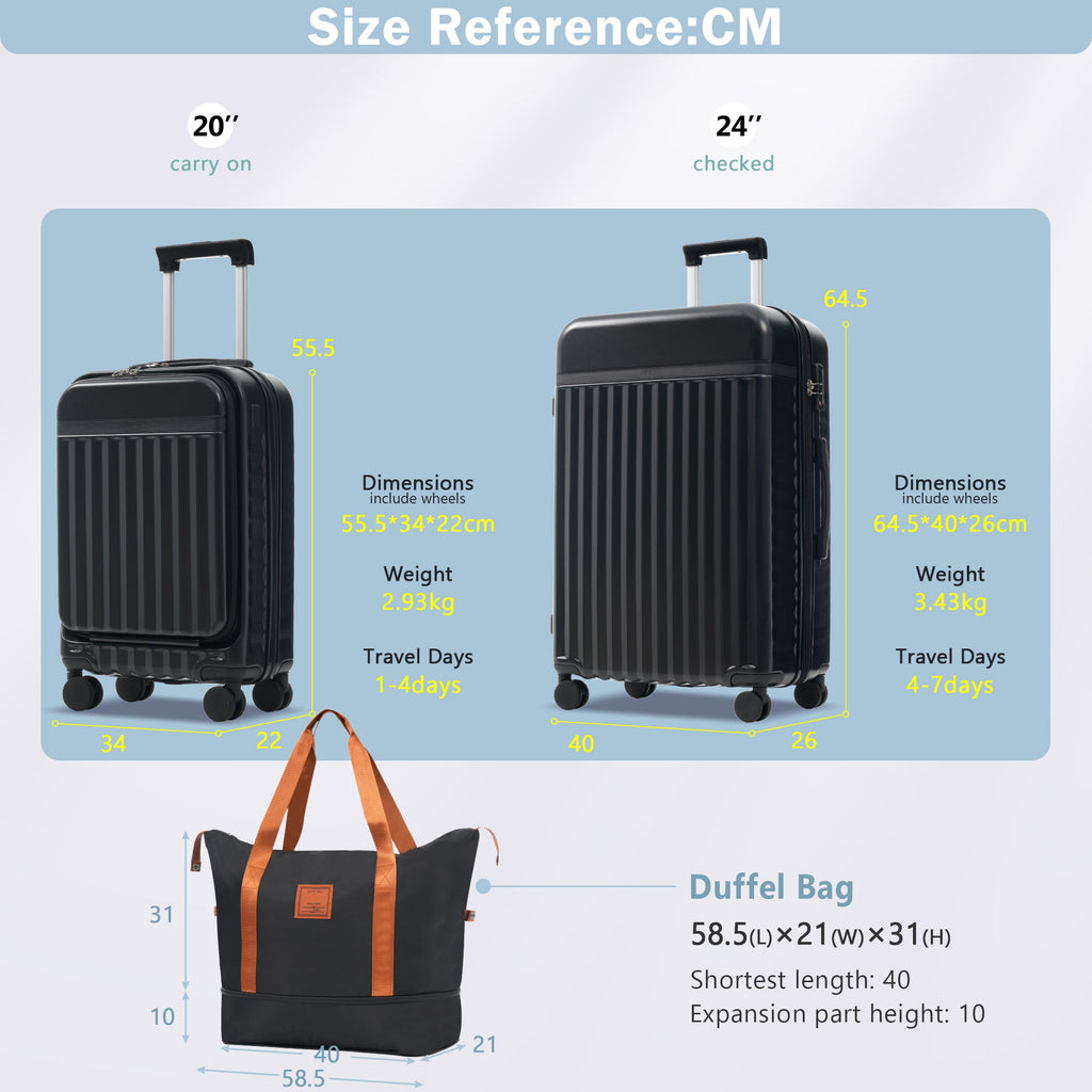 Azor 3-Piece Expandable Carry-On Set, Front Pocket, TSA Lock