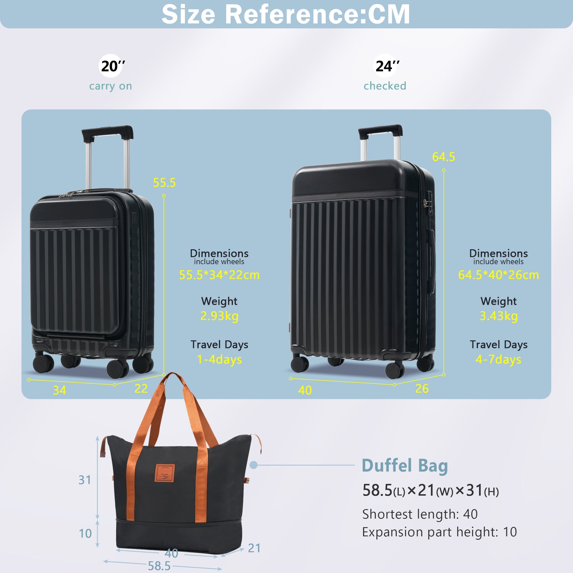Azor 3-Piece Expandable Carry-On Set, Front Pocket, TSA Lock