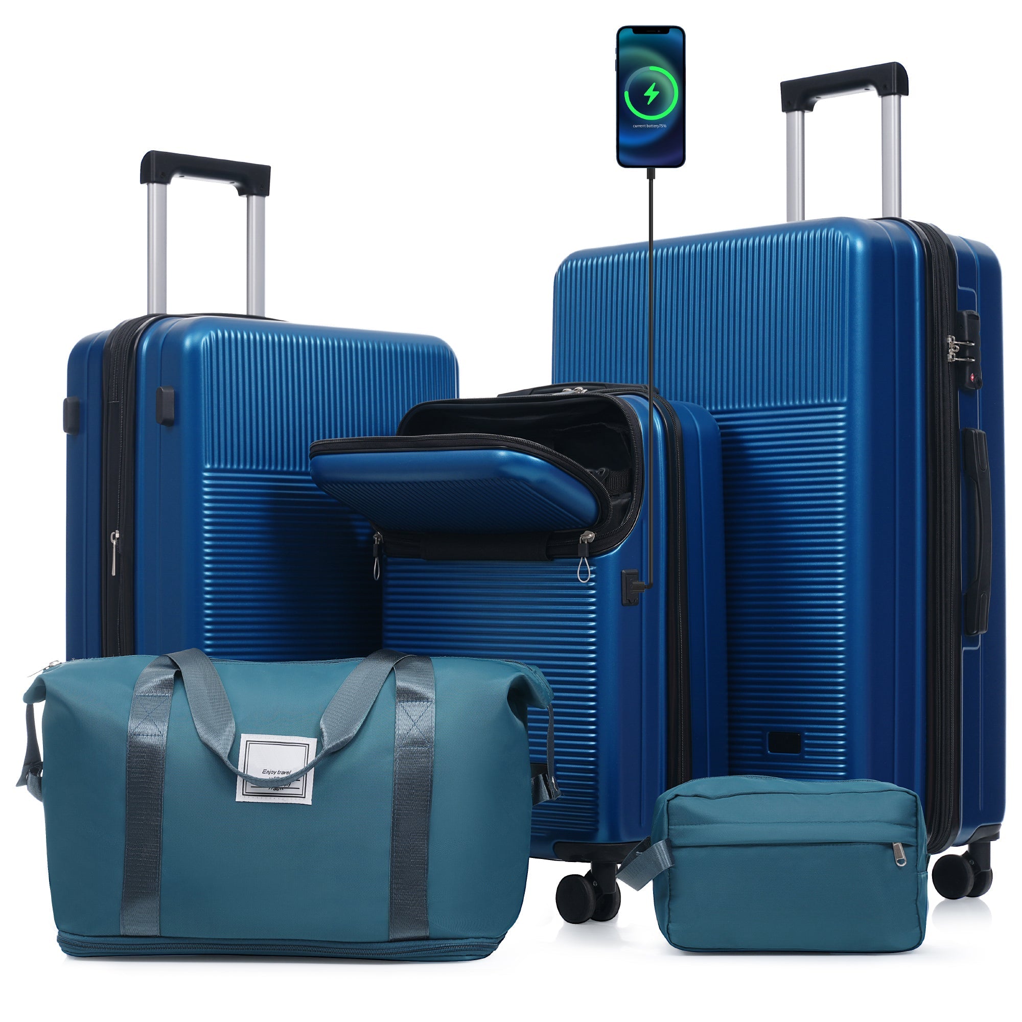 Azor Silver 5-Piece Luggage Set, Complete Travel System, TSA Lock