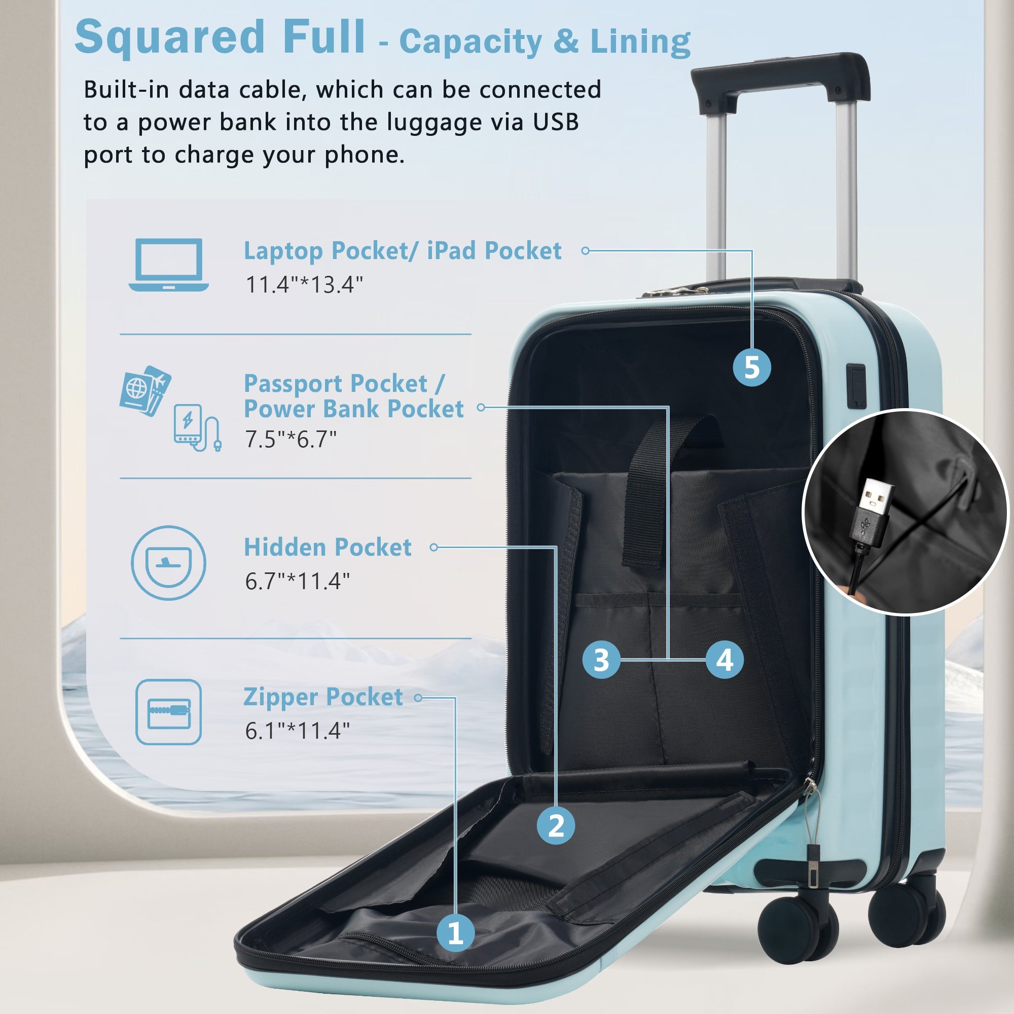 Azor 3-Piece Expandable Carry-On Set, Front Pocket, TSA Lock