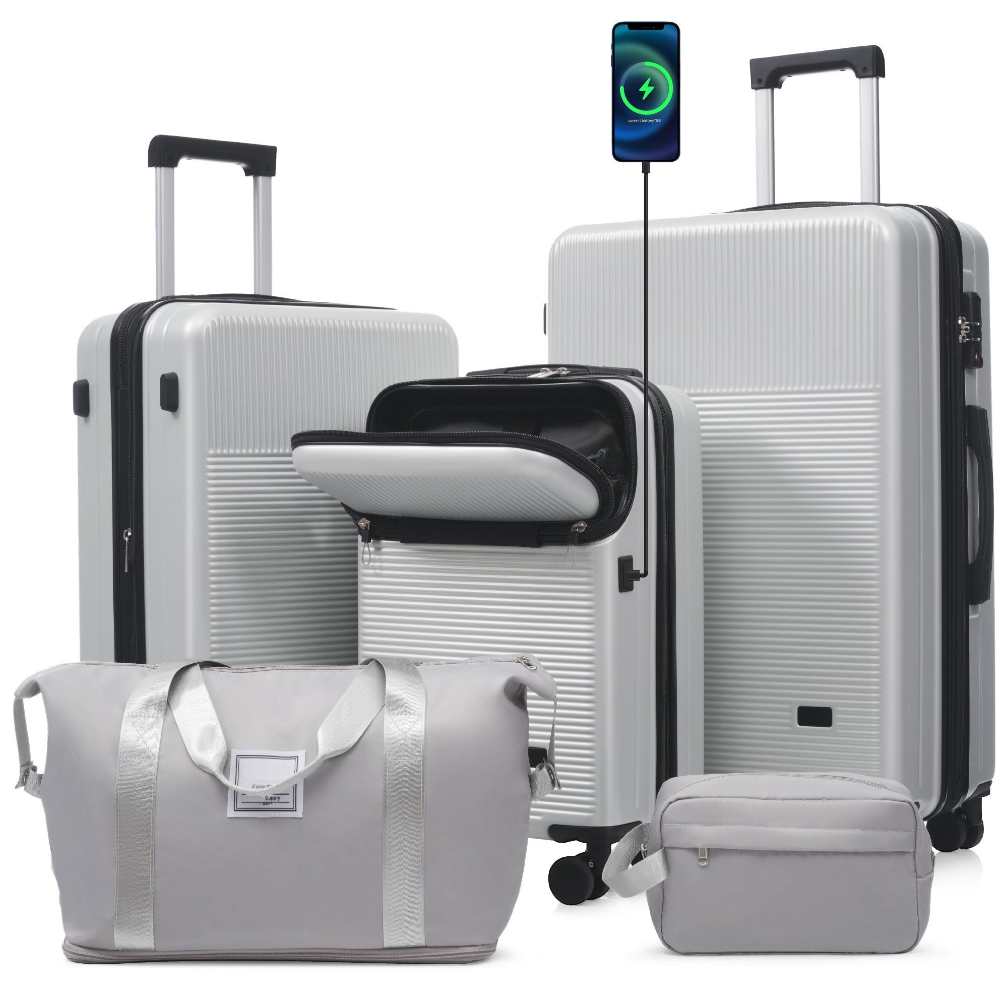 Azor Silver 5-Piece Luggage Set, Complete Travel System, TSA Lock