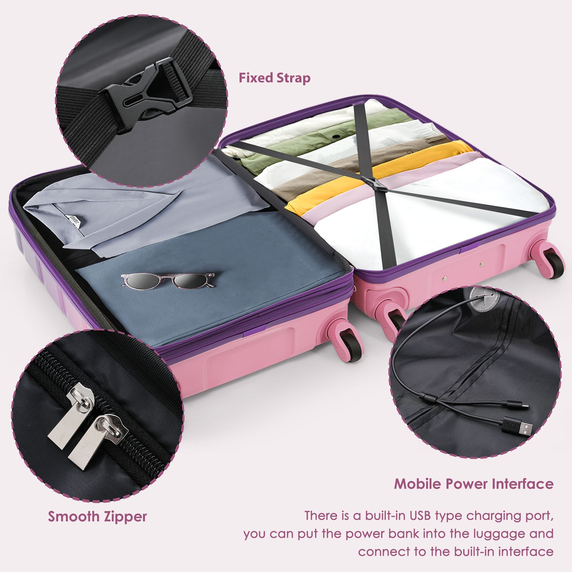 Azor 3-Piece USB Carry-On Set, Smart Travel ABS+PC, TSA Lock